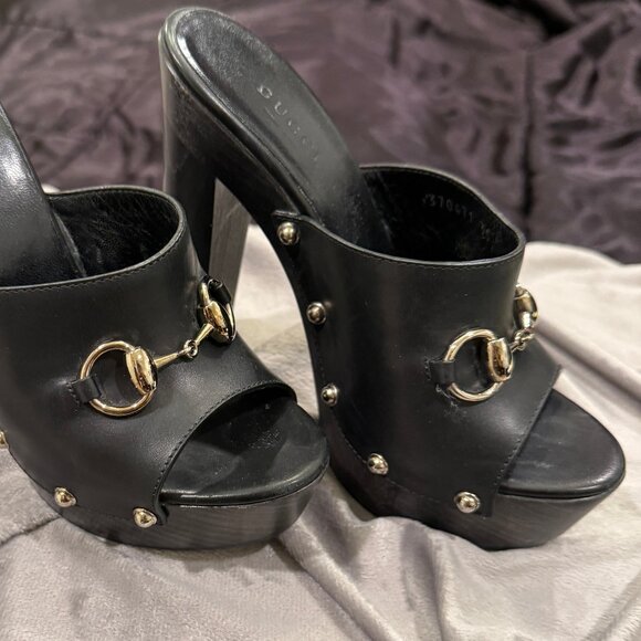 GUCCI BLACK LEATHER CLOGS ROUND HEEL WITH SILVER HARDWARE - Picture 9 of 12